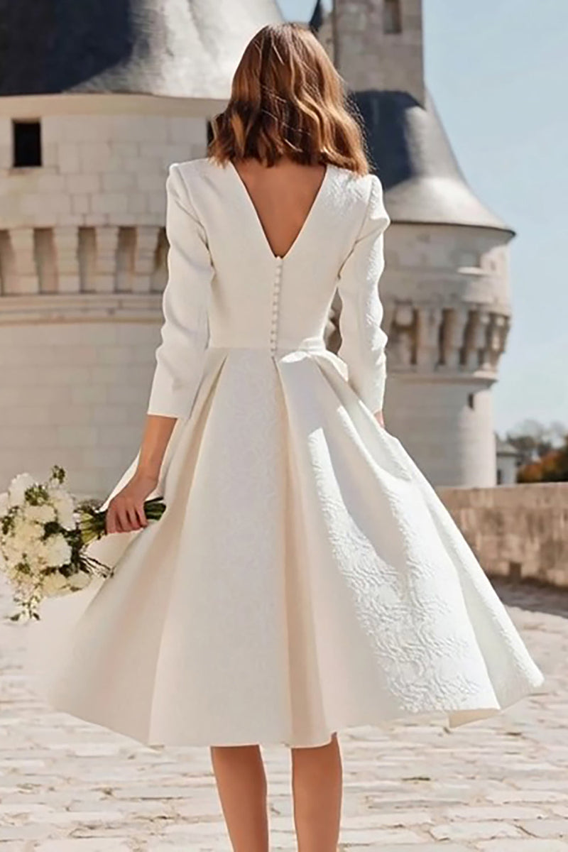 Load image into Gallery viewer, Simple Ivory V-Neck A Line Midi Engagement Dress with Sleeves
