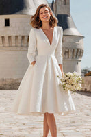 Load image into Gallery viewer, Ivory A Line V-Neck Midi Bridal Dress with Pockets