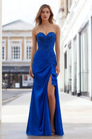 Load image into Gallery viewer, Royal Blue Strapless Long Appliqued Prom Dress with Slit
