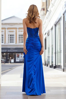 Royal Blue Strapless Long Appliqued Prom Dress with Slit