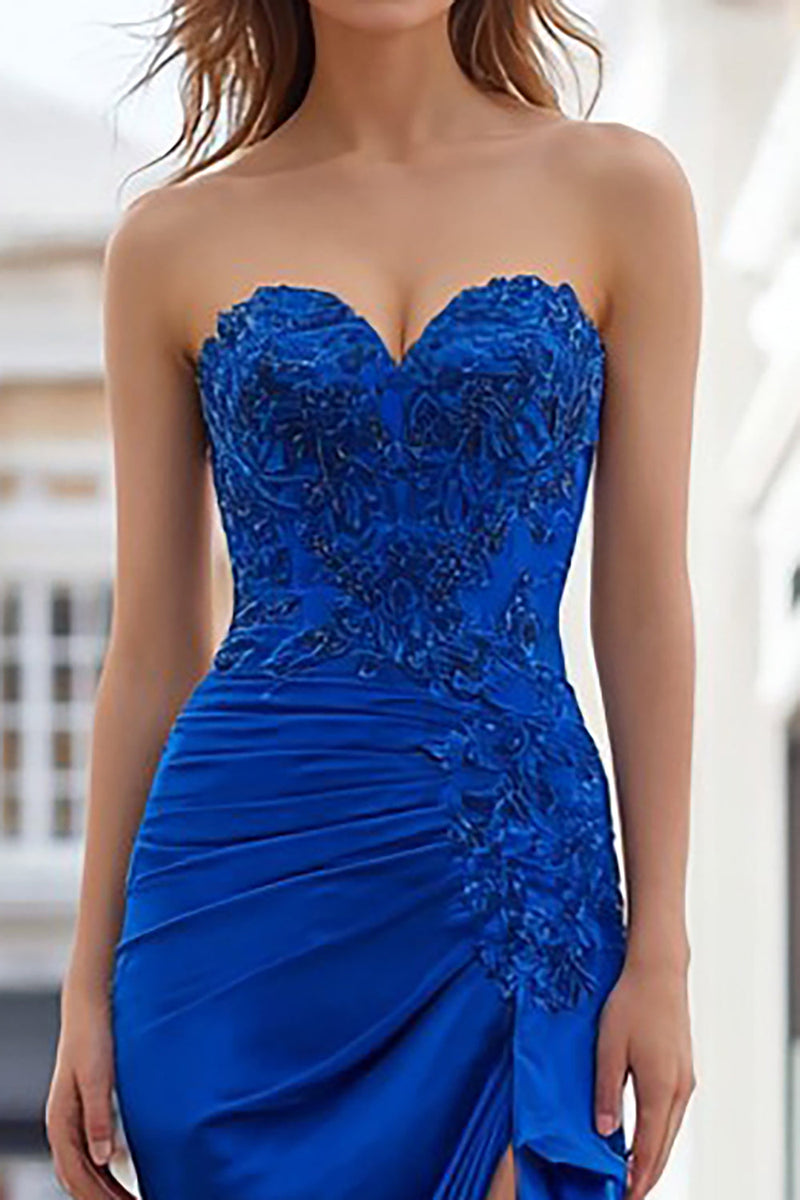 Queendancer Women Royal Blue Long Prom Dress with Slit Ruched Appliqued