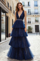 Load image into Gallery viewer, Sparkly Navy Beaded Ruffled Tulle Long Prom Dress