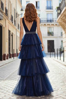 Load image into Gallery viewer, Sparkly Navy Beaded Ruffled Tulle Long Prom Dress