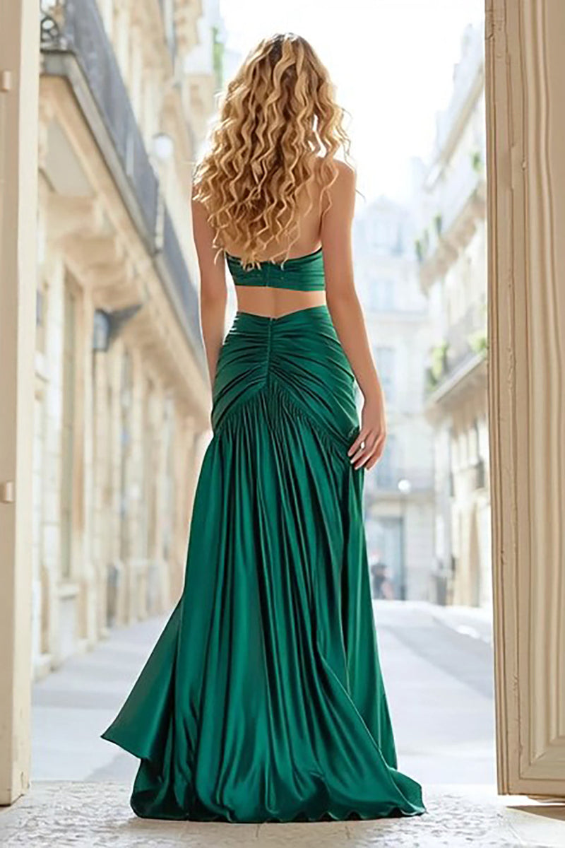 Load image into Gallery viewer, Dark Green Cut Out Satin Strapless Long Prom Dress with Slit