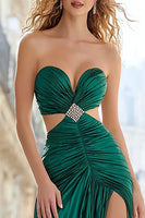 Load image into Gallery viewer, Dark Green Cut Out Satin Strapless Long Prom Dress with Slit