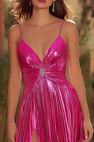 Load image into Gallery viewer, Sparkly Fuchsia Pleated Spaghetti Straps Metallic Long Prom Dress with Slit