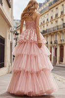 Load image into Gallery viewer, Pink Tulle Strapless Long Ruffled Prom Dress with Lace