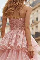Load image into Gallery viewer, Pink Tulle Strapless Long Ruffled Prom Dress with Lace