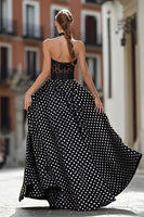 Load image into Gallery viewer, Black and White Polka Dots Halter Long Corset Prom Dress with Lace