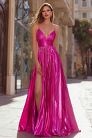 Load image into Gallery viewer, Sparkly Fuchsia Spaghetti Straps Metallic Pleated Long Prom Dress with Slit