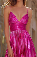 Load image into Gallery viewer, Sparkly Fuchsia Spaghetti Straps Metallic Pleated Long Prom Dress with Slit