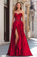 Load image into Gallery viewer, Sparkly Red Strapless Beaded Corset Long Prom Dress with Slit