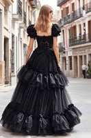 Load image into Gallery viewer, Black Tulle A Line Long Ruffled Prom Dress with Lace