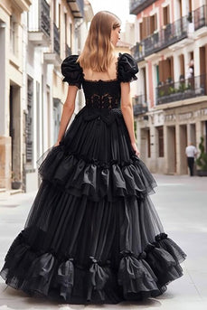 Black Tulle A Line Long Ruffled Prom Dress with Lace