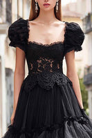 Load image into Gallery viewer, Black Tulle A Line Long Ruffled Prom Dress with Lace