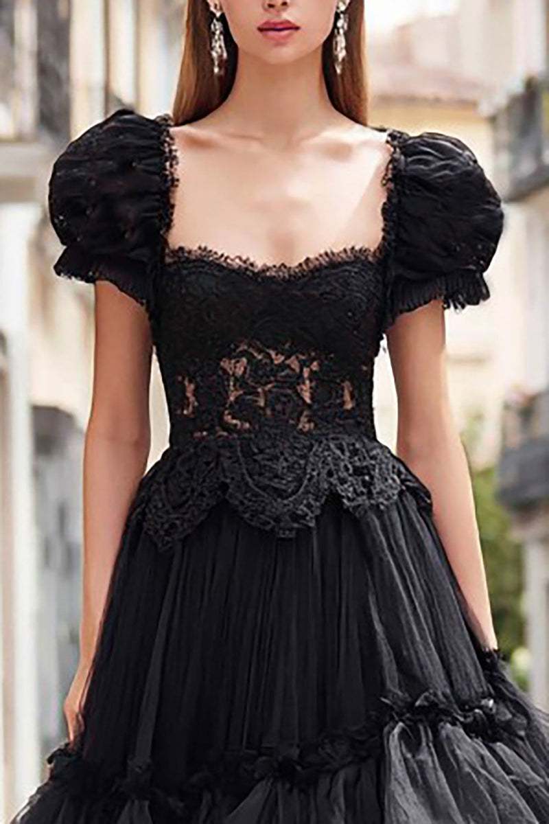 Load image into Gallery viewer, Black Tulle A Line Long Ruffled Prom Dress with Lace