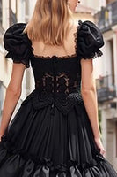 Load image into Gallery viewer, Black Tulle A Line Long Ruffled Prom Dress with Lace