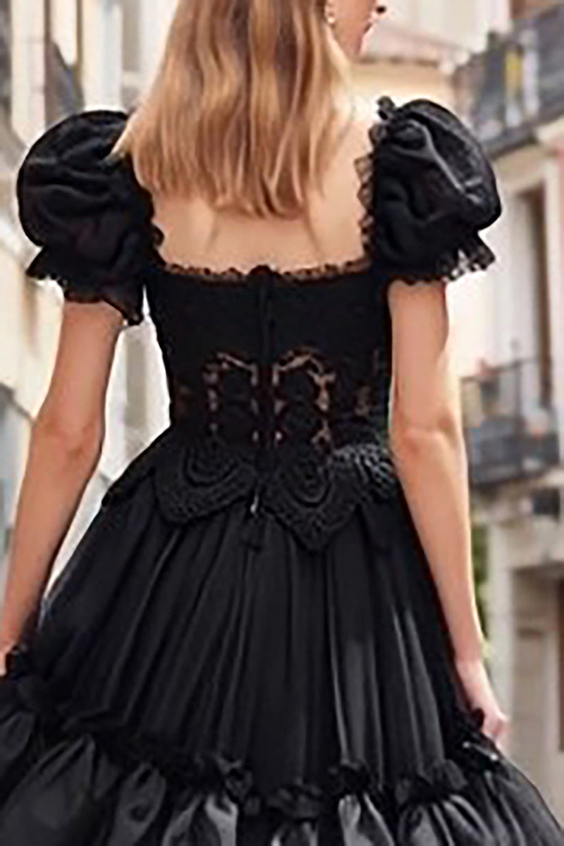 Load image into Gallery viewer, Black Tulle A Line Long Ruffled Prom Dress with Lace
