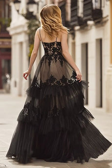 Black Spaghetti Straps Lace Corset Ruffled Long Prom Dress