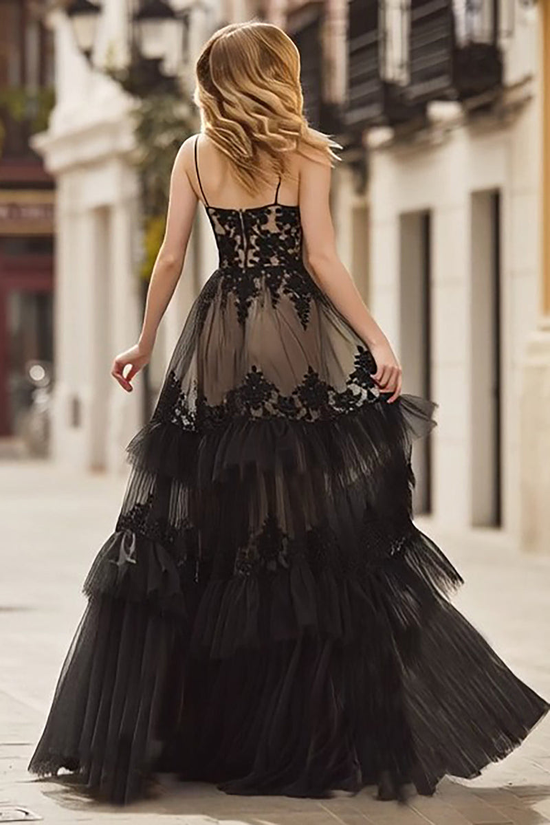 Load image into Gallery viewer, Black Spaghetti Straps Lace Corset Ruffled Long Prom Dress