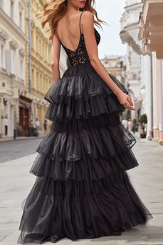 Black Tulle Spaghetti Straps Tiered Long Corset Prom Dress with Lace