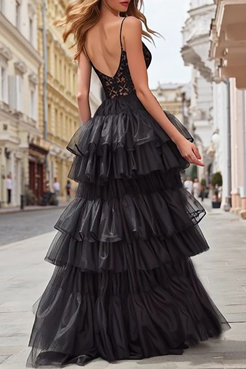 Load image into Gallery viewer, Black Tulle Spaghetti Straps Tiered Long Corset Prom Dress with Lace
