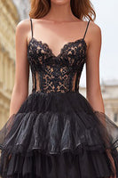 Load image into Gallery viewer, Black Tulle Spaghetti Straps Tiered Long Corset Prom Dress with Lace