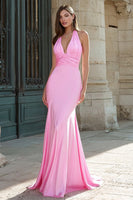 Load image into Gallery viewer, Dark Green Halter Mermaid Satin Long Prom Dress