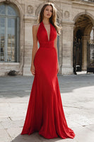 Load image into Gallery viewer, Dark Green Halter Mermaid Satin Long Prom Dress