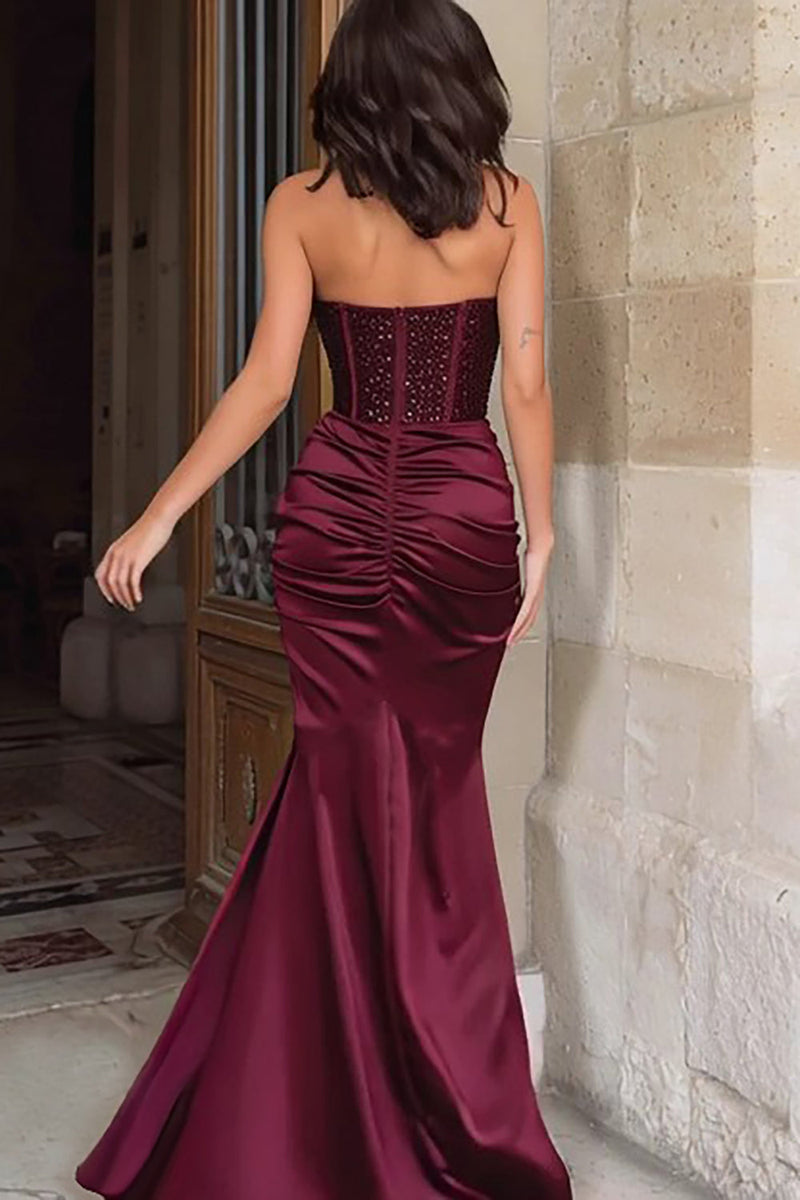 Burgundy High Split Sparkle Evening Dresses Long Strapless Prom Dress