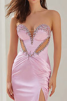 Load image into Gallery viewer, Sparkly Pink Mermaid Satin Strapless Cut Out Long Prom Dress with Slit