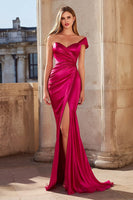 Load image into Gallery viewer, Fuchsia Mermaid Satin One Shoulder Long Prom Dress with Slit