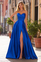 Load image into Gallery viewer, Royal Blue Sweetheart A Line Satin Long Prom Dress with Slit