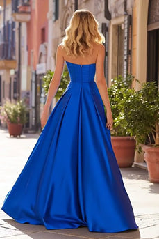 Royal Blue Sweetheart A Line Satin Long Prom Dress with Slit