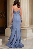 Load image into Gallery viewer, Dusty Blue Mermaid Spaghetti Straps Ruffled Long Prom Dress