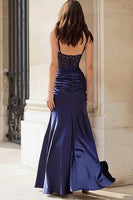 Load image into Gallery viewer, Sparkly Navy Spaghetti Straps Mermaid Long Corset Prom Dress with Slit