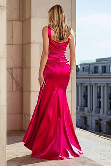 Fuchsia Satin Mermaid One Shoulder Long Prom Dress with Side Cape