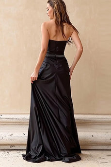 Sparkly Strapless Black Long Corset Prom Dress with Slit