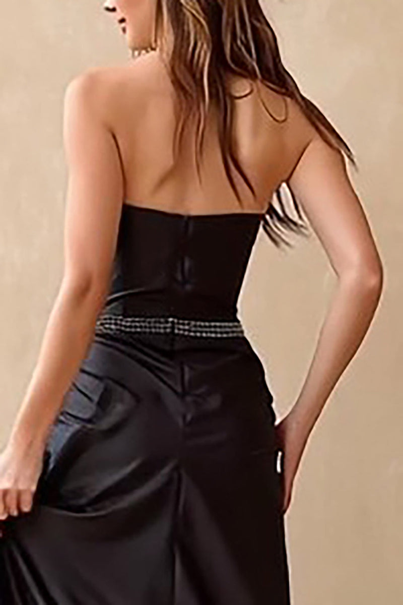 Load image into Gallery viewer, Sparkly Strapless Black Long Corset Prom Dress with Slit