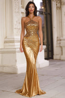 Load image into Gallery viewer, Sparkly Gold Mermaid Long Halter Prom Dress with Sequins