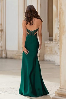 Sparkly Dark Green Cut Out Strapless Mermaid Long Prom Dress with Slit