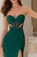 Load image into Gallery viewer, Sparkly Dark Green Cut Out Strapless Mermaid Long Prom Dress with Slit