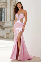 Load image into Gallery viewer, Sparkly Pink Strapless Cut Out Mermaid Long Prom Dress with Slit