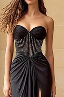 Load image into Gallery viewer, Sparkly Strapless Black Corset Long Prom Dress with Slit