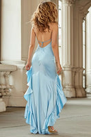 Load image into Gallery viewer, Sky Blue Halter High Low Mermaid Prom Dress with Ruffles