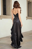 Load image into Gallery viewer, Black Spaghetti Straps High Low Ruffled Prom Dress with Slit