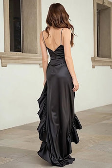 Black Spaghetti Straps High Low Ruffled Prom Dress with Slit