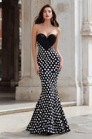 Load image into Gallery viewer, Black and White Polka Dots Sweetheart Mermaid Long Prom Dress