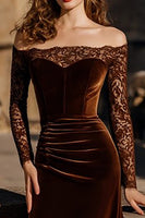 Load image into Gallery viewer, Brown Velvet Off the Shoulder Mermaid Maxi Holiday Party Dress with Lace