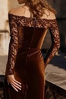 Load image into Gallery viewer, Brown Velvet Off the Shoulder Mermaid Maxi Holiday Party Dress with Lace